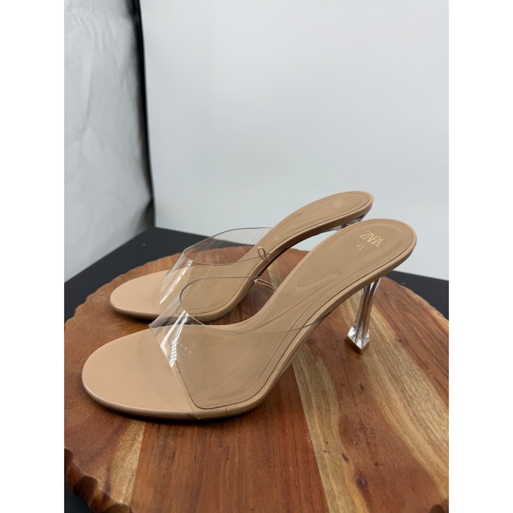 Zara Vinyl Heeled Mules Women 41 Tan Clear Architectural Strap Sandals 3314/110 - Picture 4 of 10